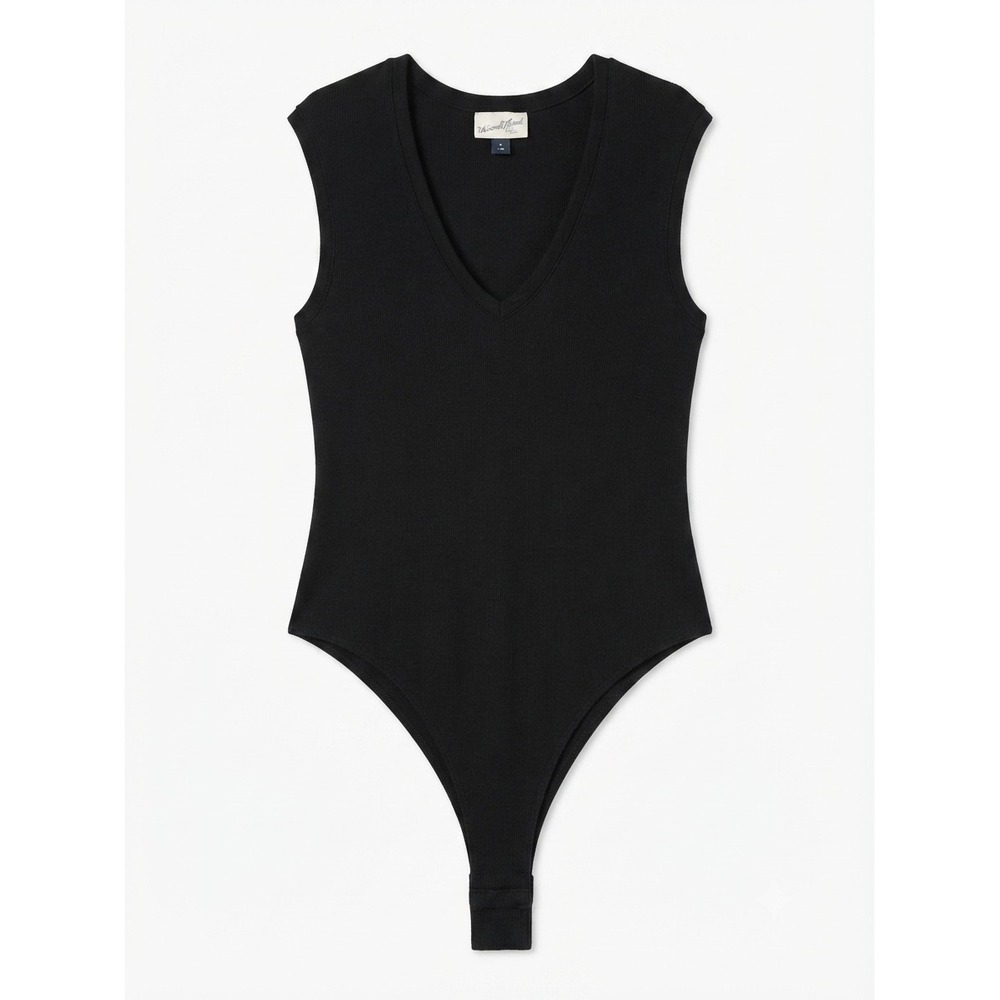 Universal Thread Womens Black Ribbed Bodysuit Sz M V-Neck Sleeveless Thong Snap